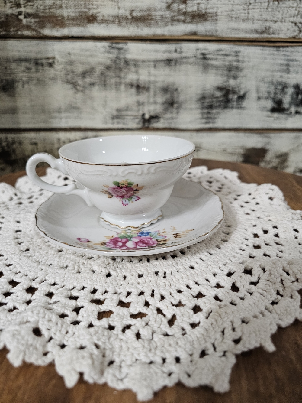 Vintage White Porcelain Floral Teacup and Saucer - Pink Floral Accent